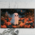 Ghost in the pumpkin patch art on a black TV on a white marble wall