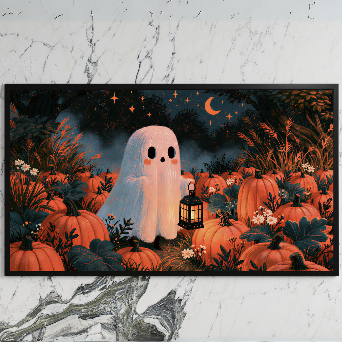 Ghost in the pumpkin patch art on a black TV on a white marble wall