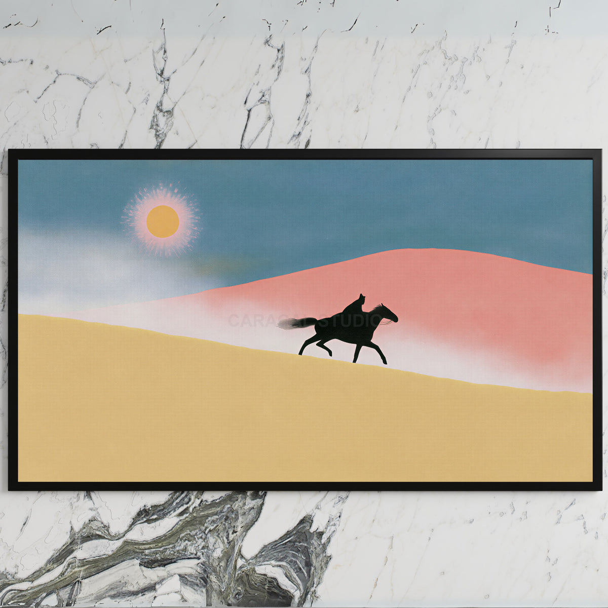 Rider in the desert art on a black TV on a white marble wall