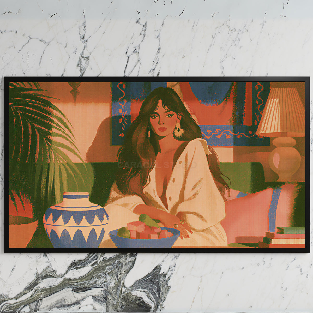 Boho woman portrait art on a black TV on a white marble wall