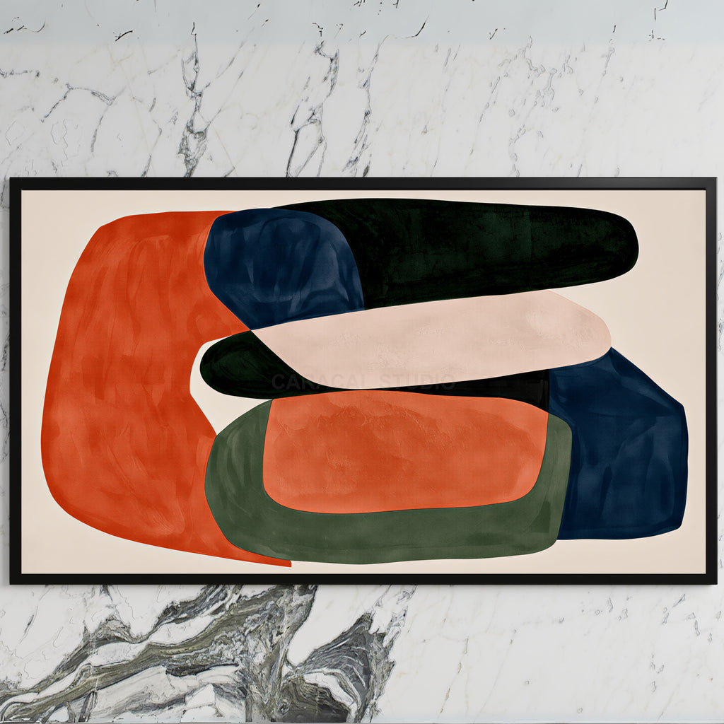 Abstract organic shapes art on a black TV on a white marble wall