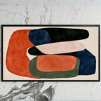 Abstract organic shapes art on a black TV on a white marble wall