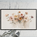 Soft wildflowers art on a black TV on a white marble wall