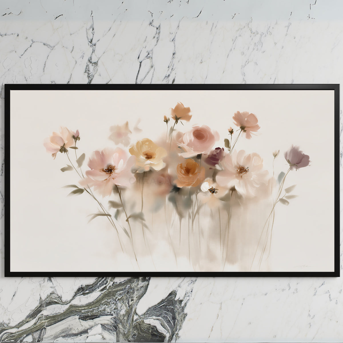 Soft wildflowers art on a black TV on a white marble wall