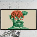 Brain and glasses portrait art on a black TV on a white marble wall