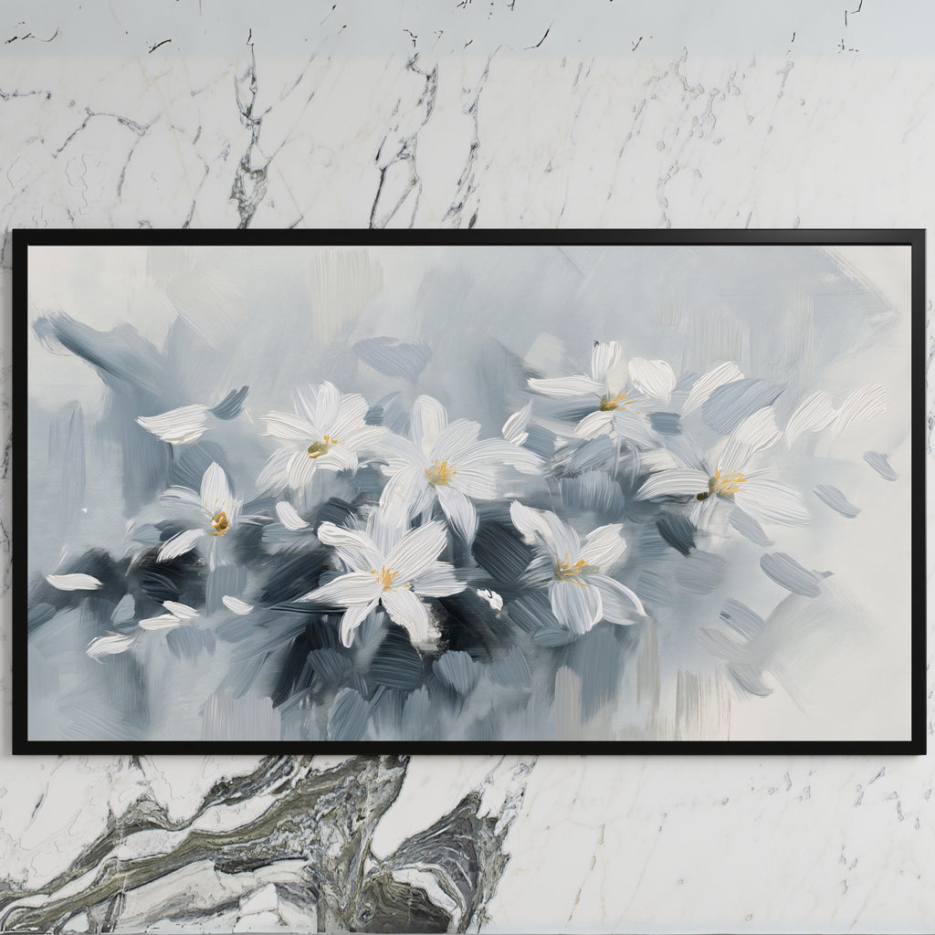 White flower art on a black TV on a white marble wall