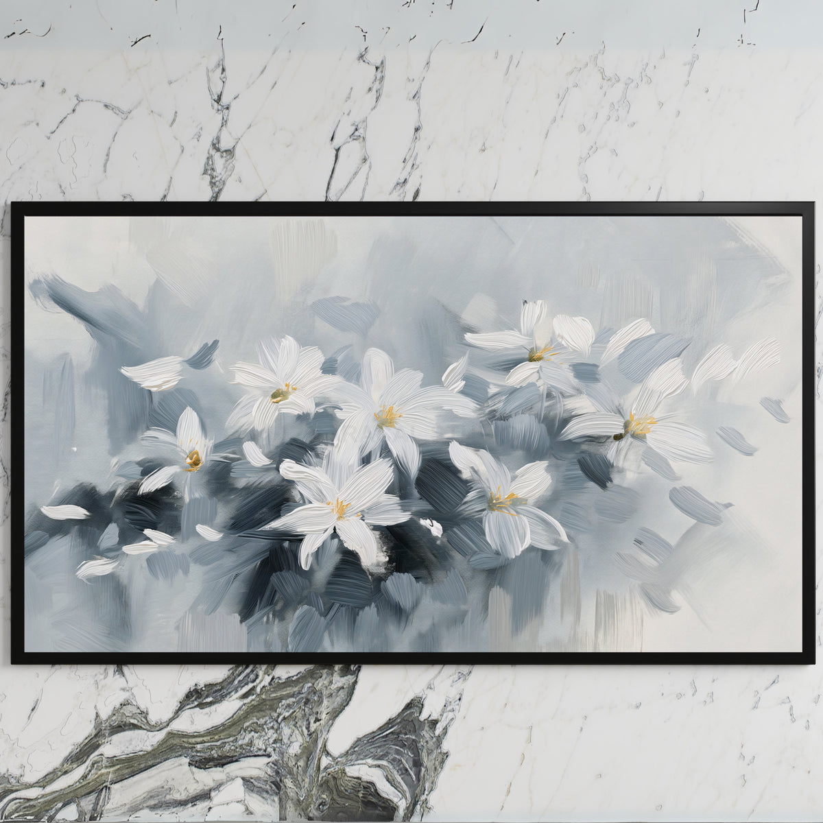 White flower art on a black TV on a white marble wall