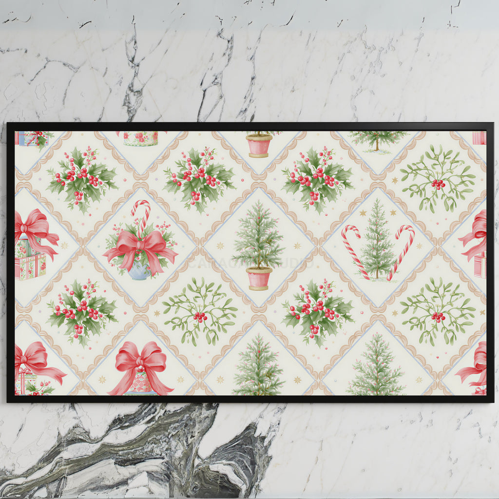 Christmas holly and candy cane pattern art on a black TV on a white marble wall