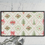 Christmas holly and candy cane pattern art on a black TV on a white marble wall