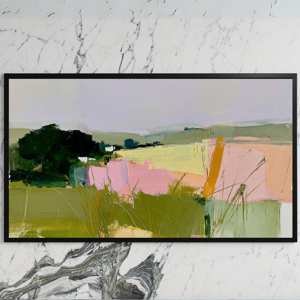 Abstract countryside art on a black TV on a white marble wall