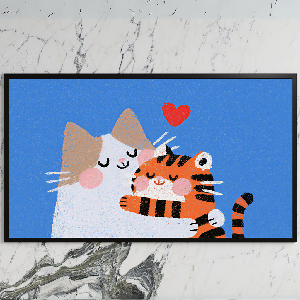 Two cats with a heart art on a black TV on a white marble wall