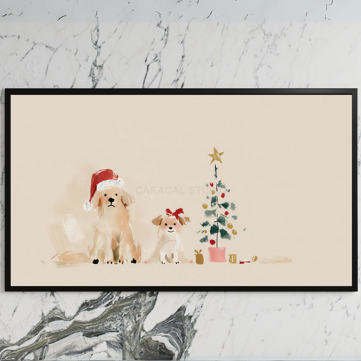 Dogs by a Christmas tree art on a black TV on a white marble wall