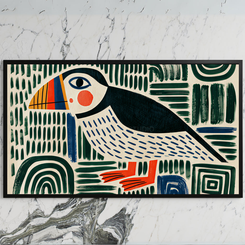 Folk art puffin art on a black TV on a white marble wall