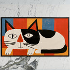 Winking black and white cat art on a black TV on a white marble wall