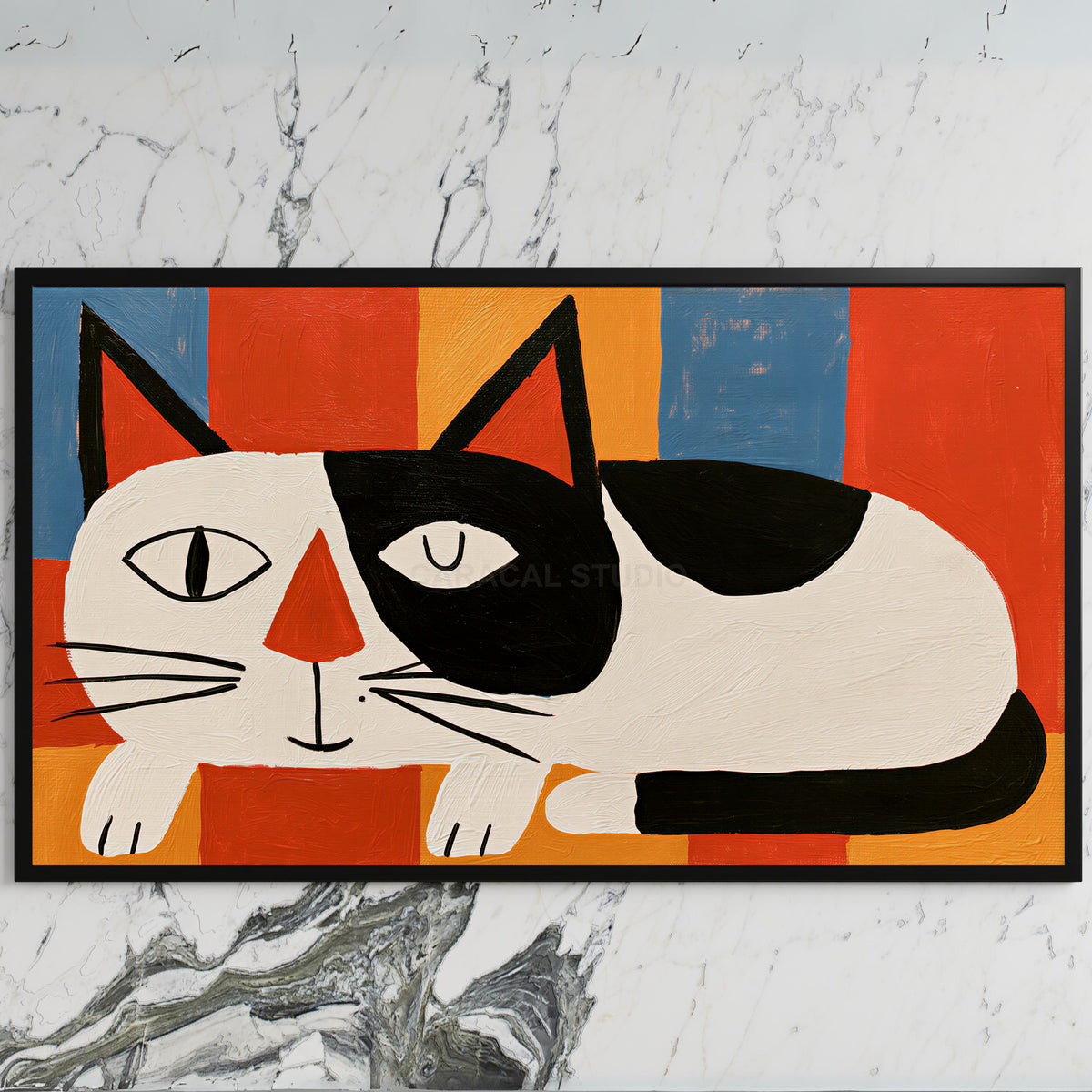 Winking black and white cat art on a black TV on a white marble wall