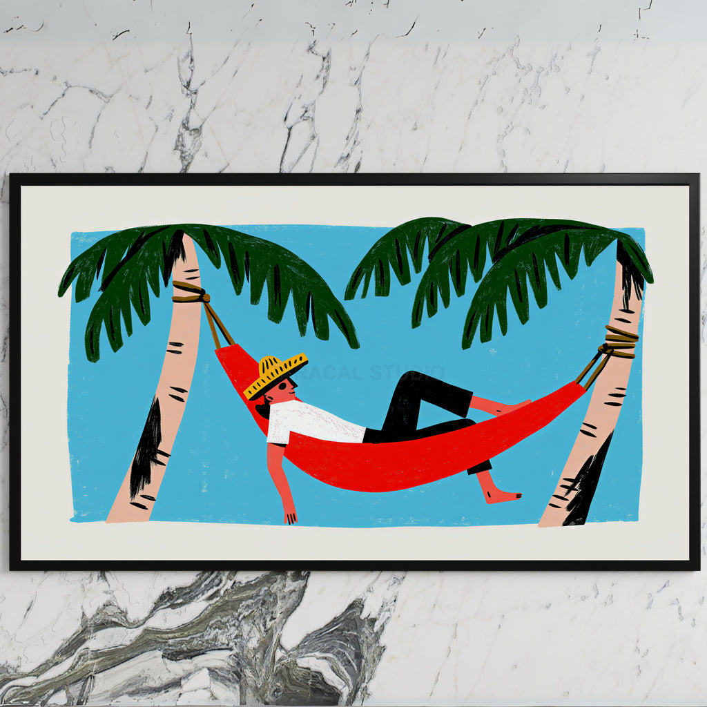 Hammock art on a black TV on a white marble wall