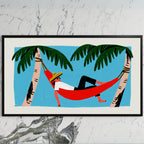 Hammock art on a black TV on a white marble wall