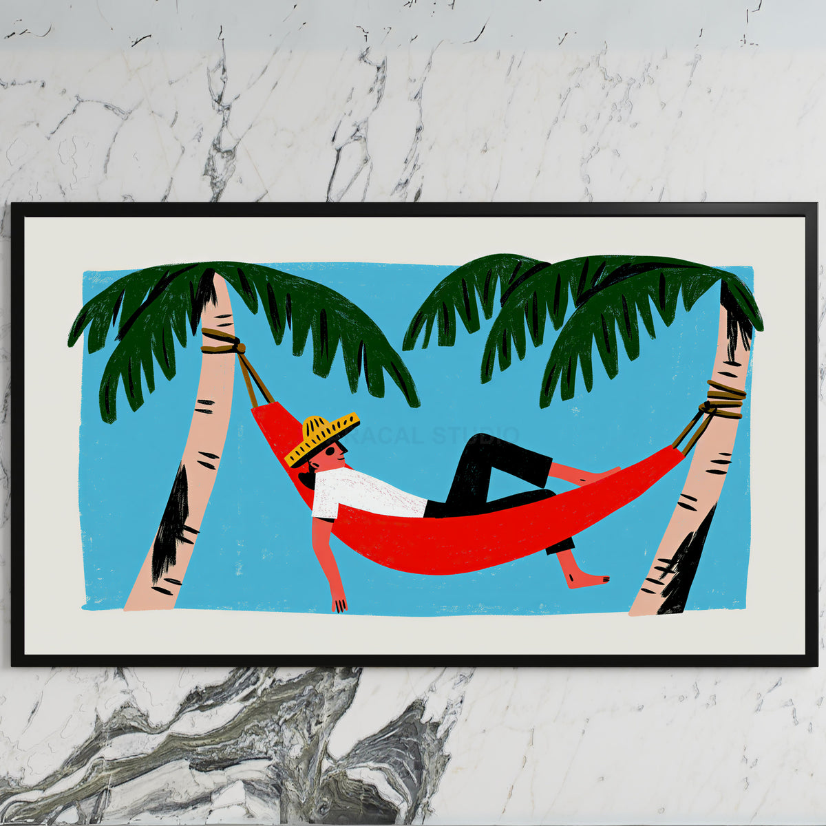 Hammock art on a black TV on a white marble wall