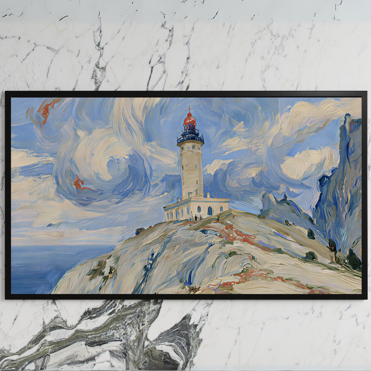 Lighthouse on a cliff art on a black TV on a white marble wall