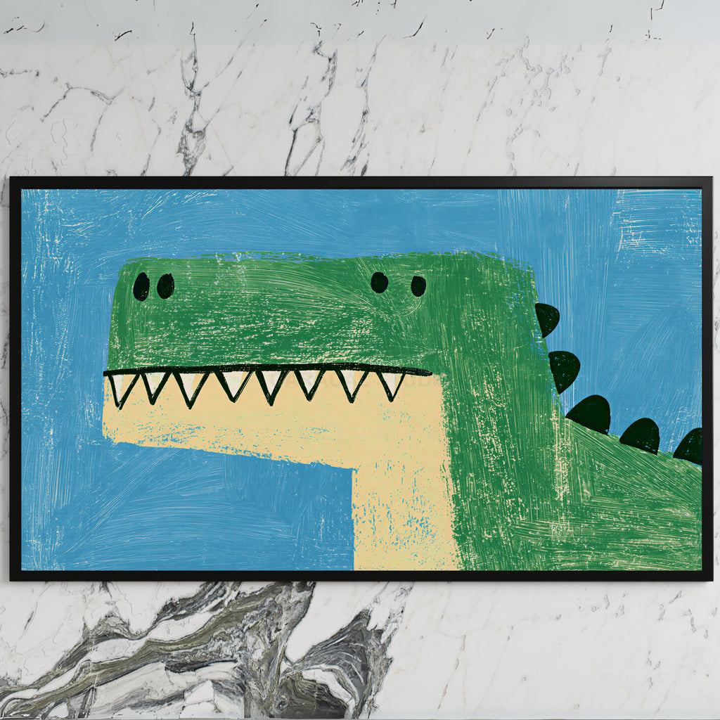 Green T rex dinosaur art on a black TV on a white marble wall