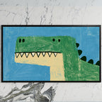 Green T rex dinosaur art on a black TV on a white marble wall