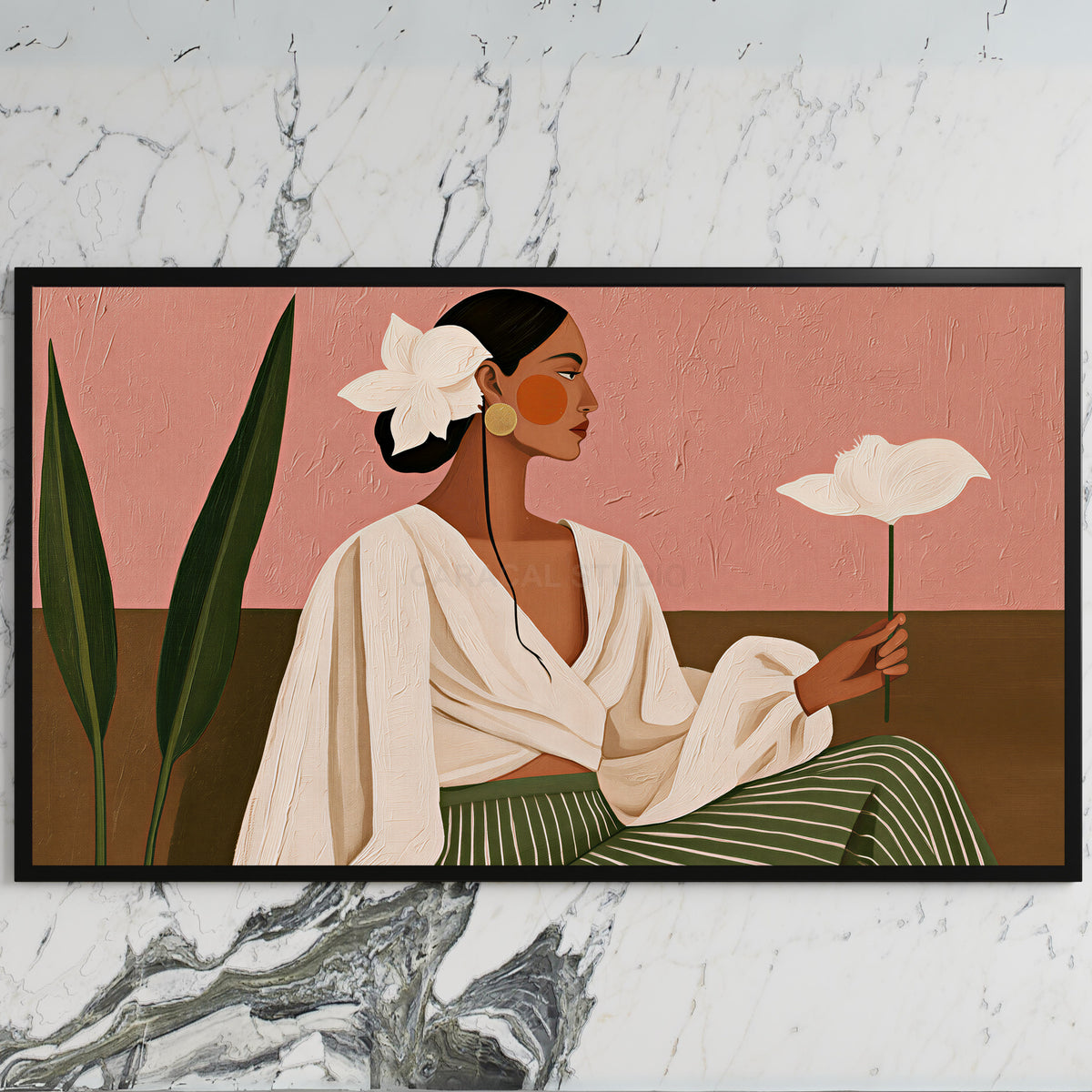 Woman with white flower art on a black TV on a white marble wall