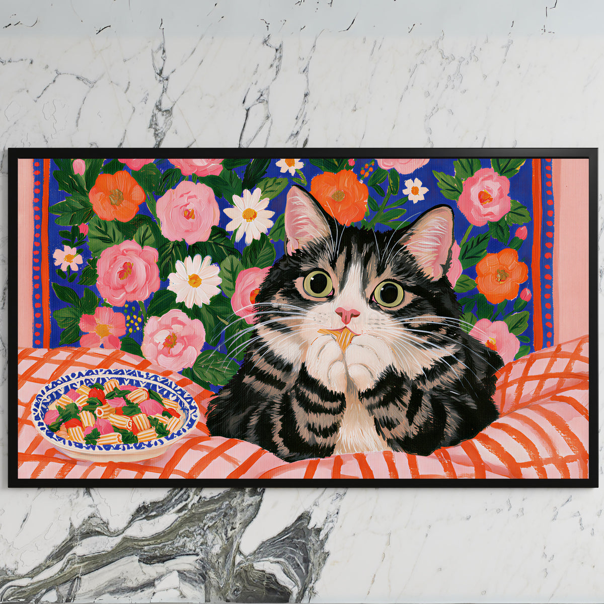 Pasta cat art on a black TV on a white marble wall