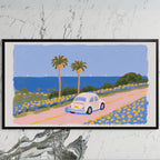 Seaside car art on a black TV on a white marble wall
