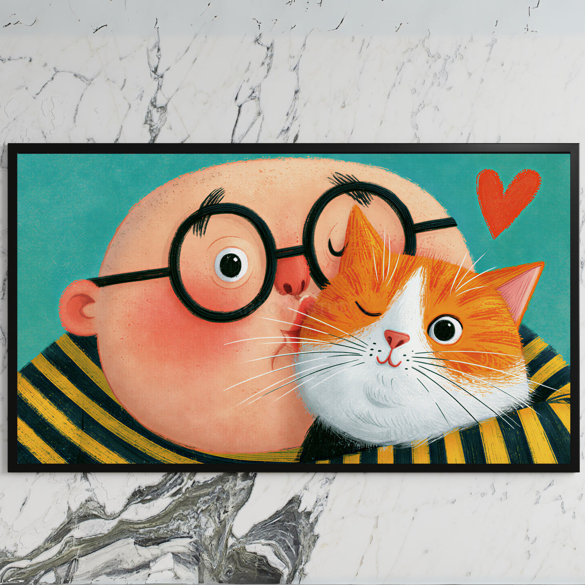 Man with his ginger cat art on a black TV on a white marble wall