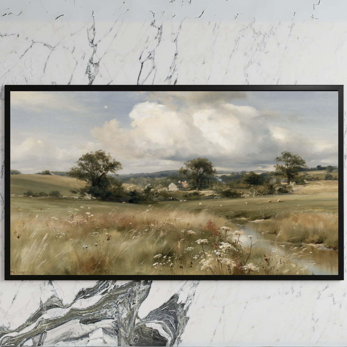 Countryside meadow and cottage art on a black TV on a white marble wall