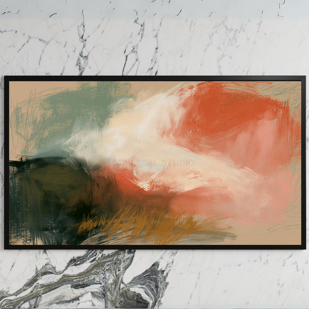 Chalk pastel abstract art on a black TV on a white marble wall