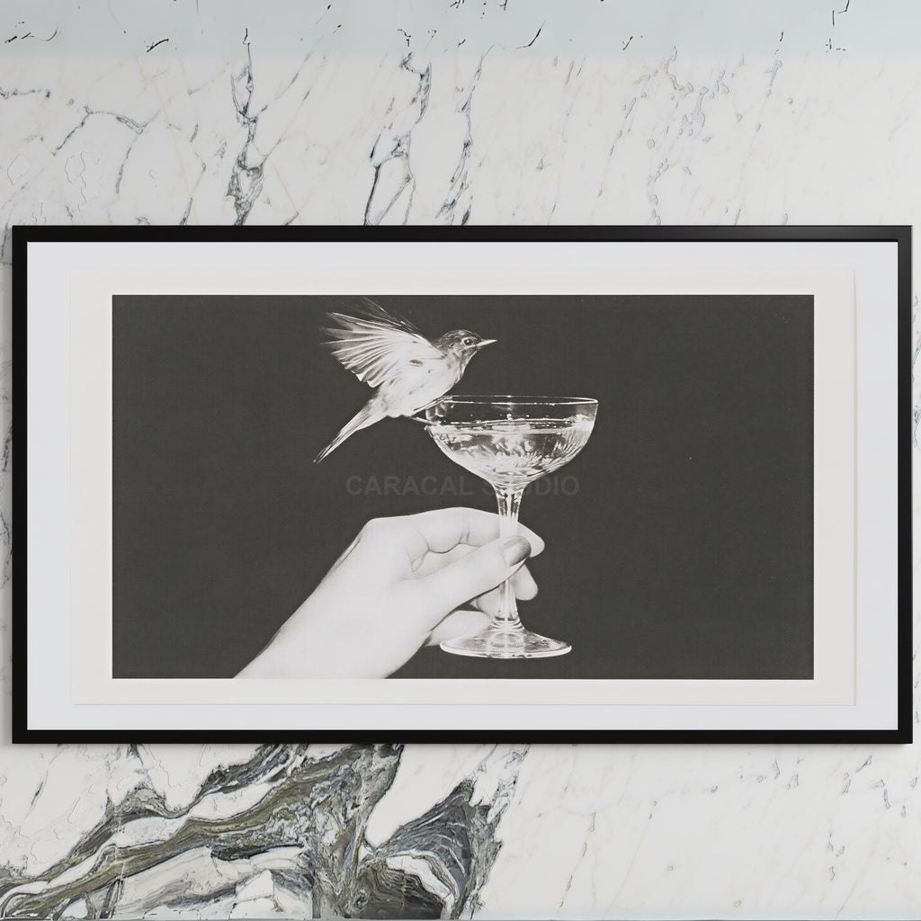 Bird and champagne glass art on a black TV on a white marble wall