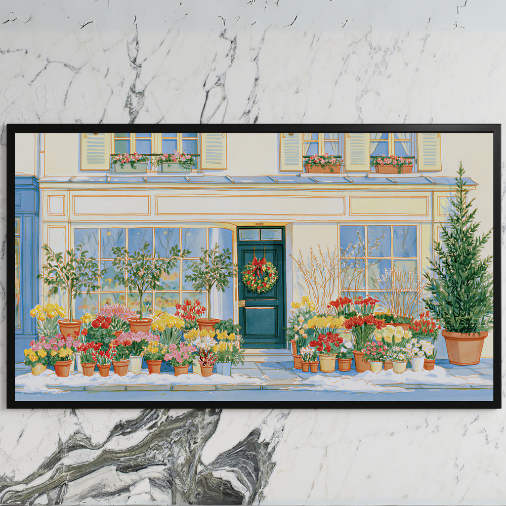 Paris flower shop art on a black TV on a white marble wall