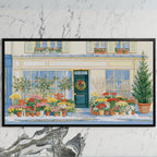 Paris flower shop art on a black TV on a white marble wall