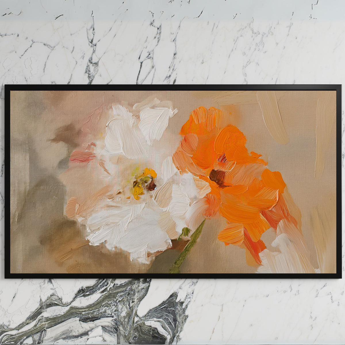 Poppy art on a black TV on a white marble wall
