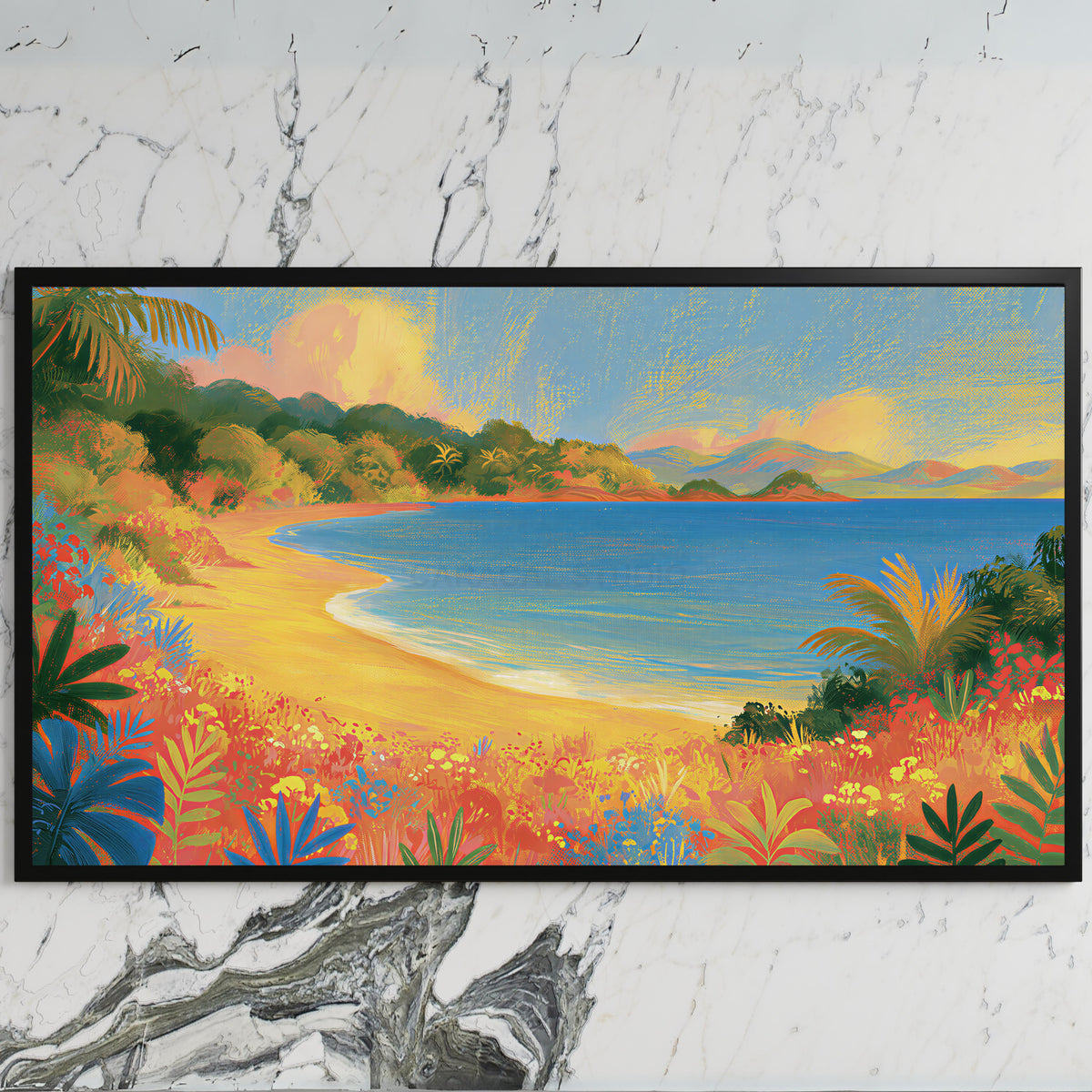 Tropical cove art on a black TV on a white marble wall