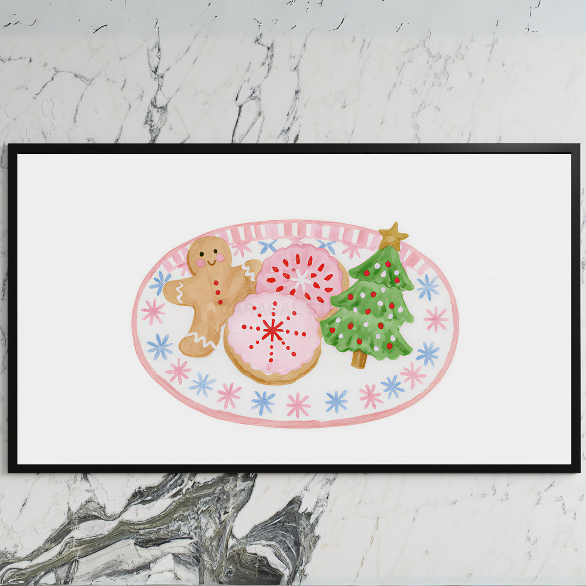 Christmas cookies art on a black TV on a white marble wall