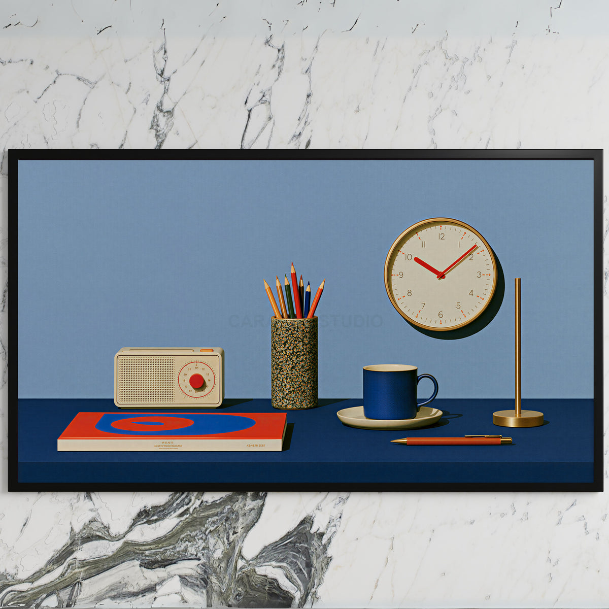 Retro desk, radio and clock art on a black TV on a white marble wall