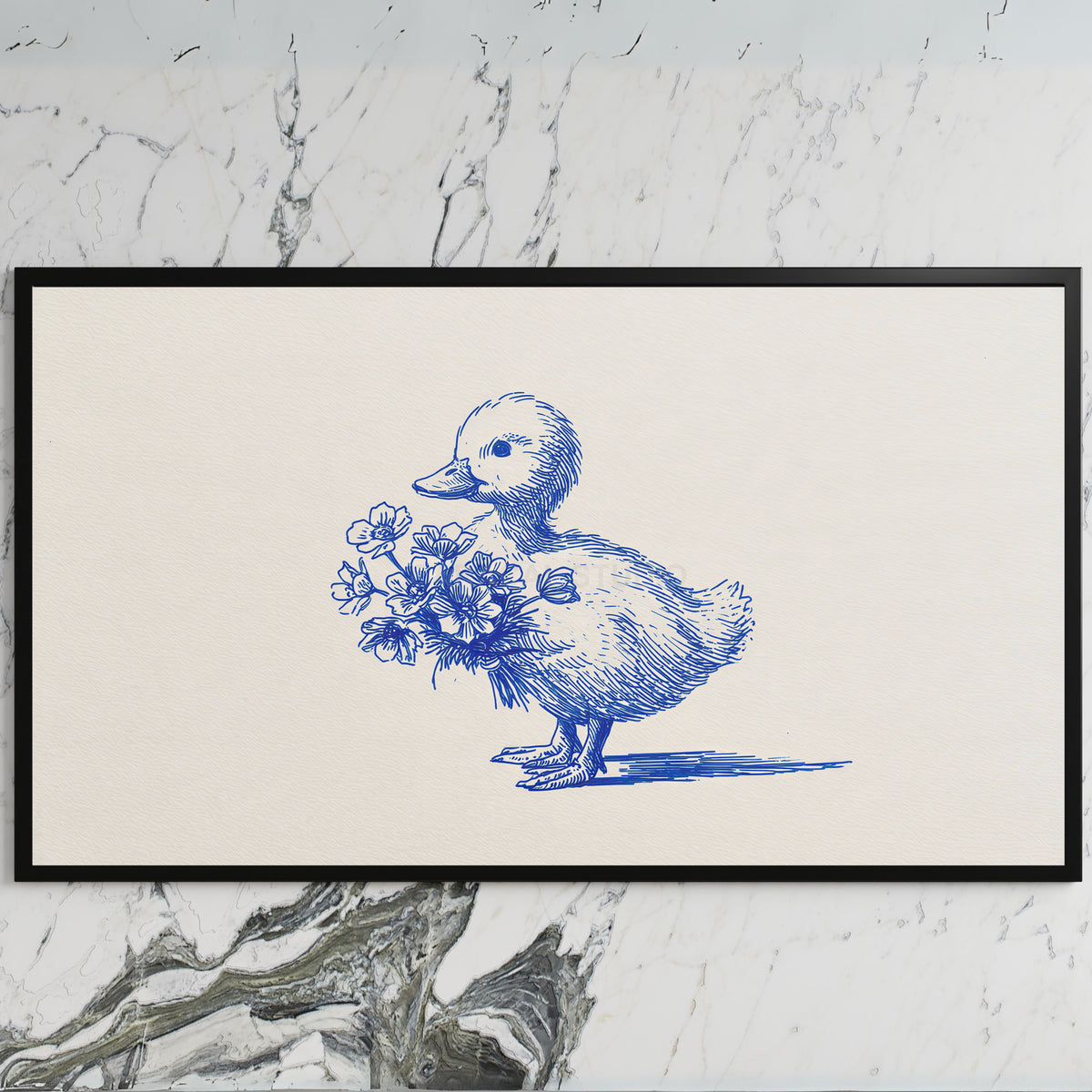 Duckling art on a black TV on a white marble wall