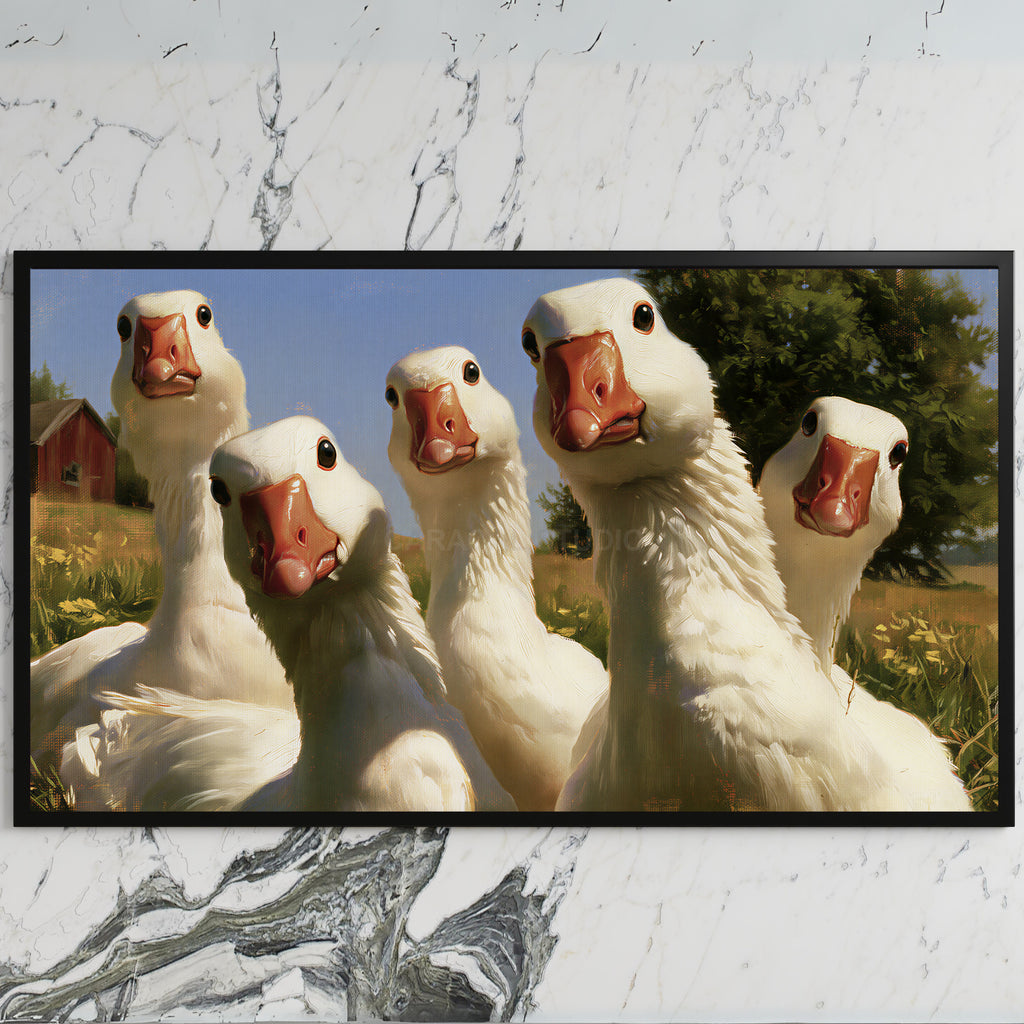 Curious white geese art on a black TV on a white marble wall