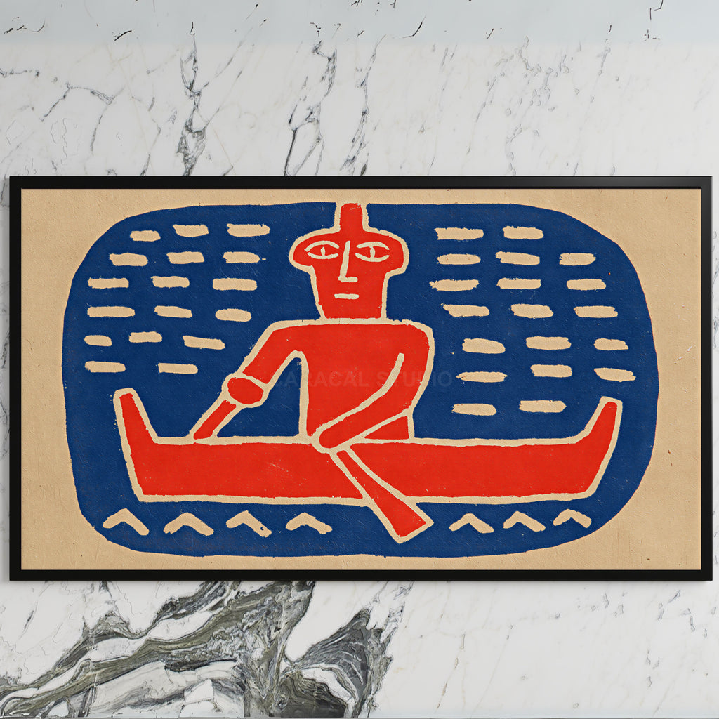 Folk art canoe paddler art on a black TV on a white marble wall