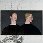 Two women portrait art on a black TV on a white marble wall