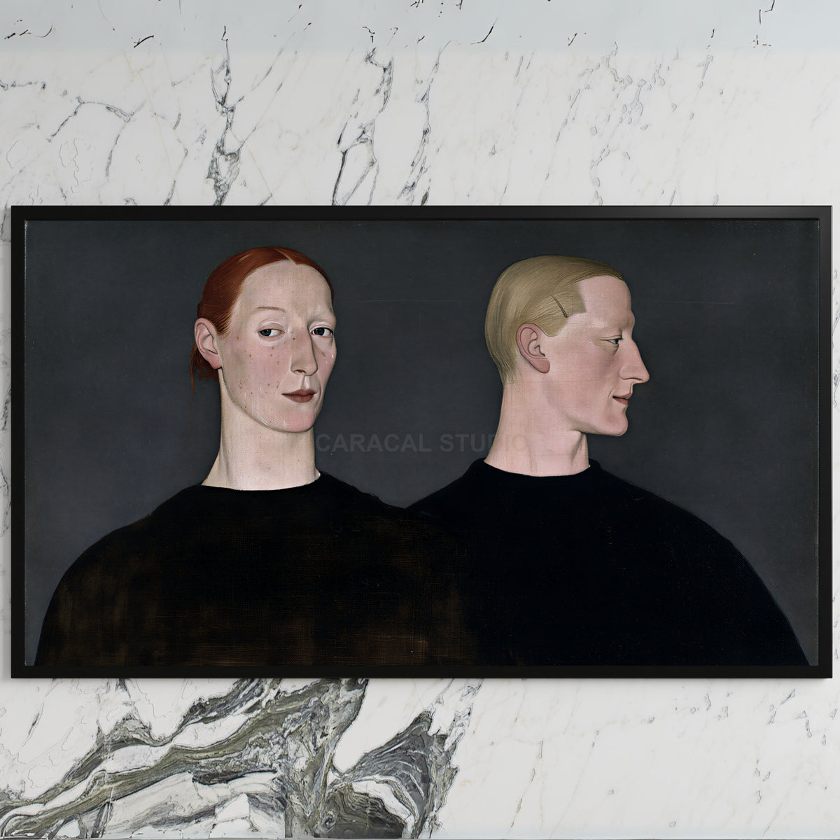 Two women portrait art on a black TV on a white marble wall