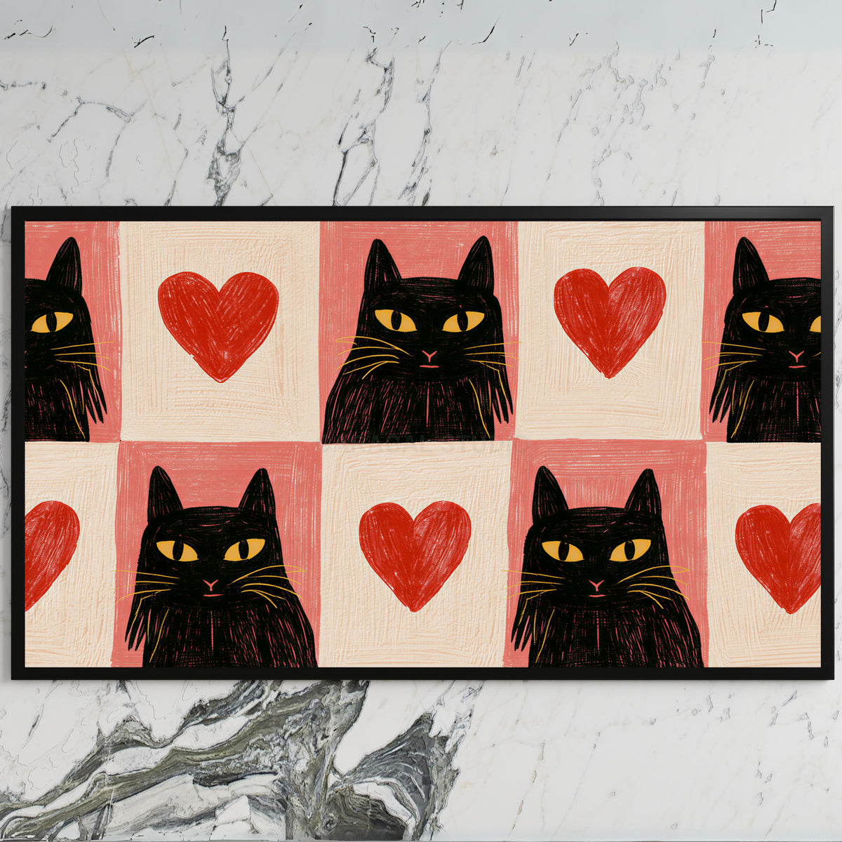 Black cat and heart art on a black TV on a white marble wall