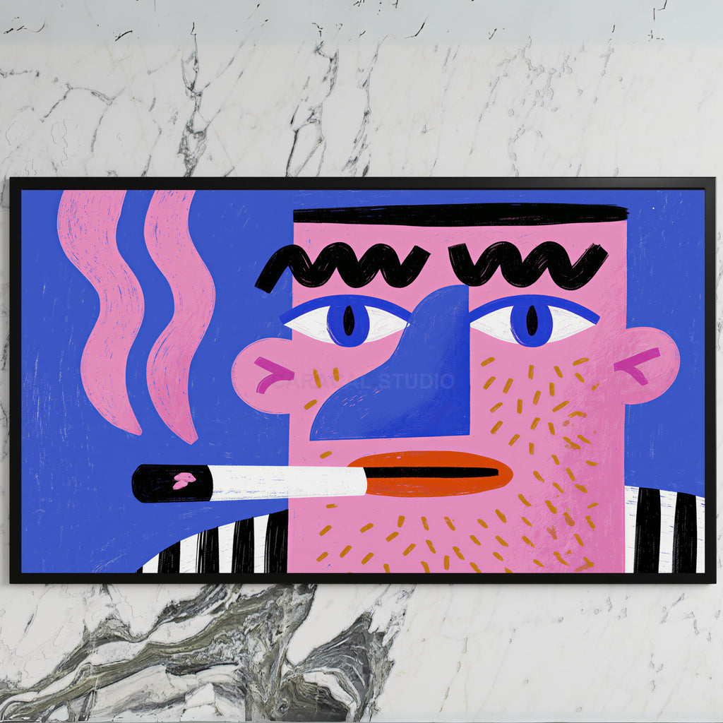 Pop art face art on a black TV on a white marble wall