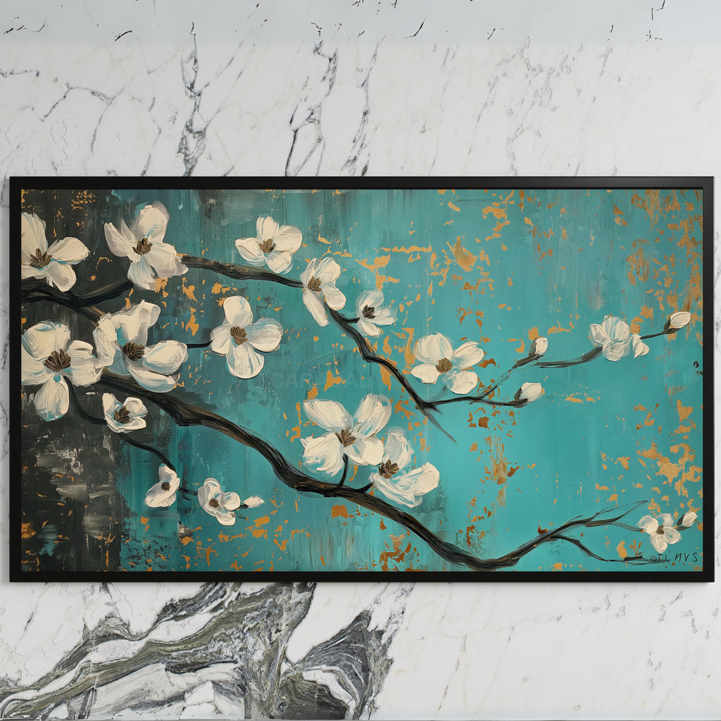 Dogwood blossom art on a black TV on a white marble wall