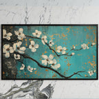 Dogwood blossom art on a black TV on a white marble wall