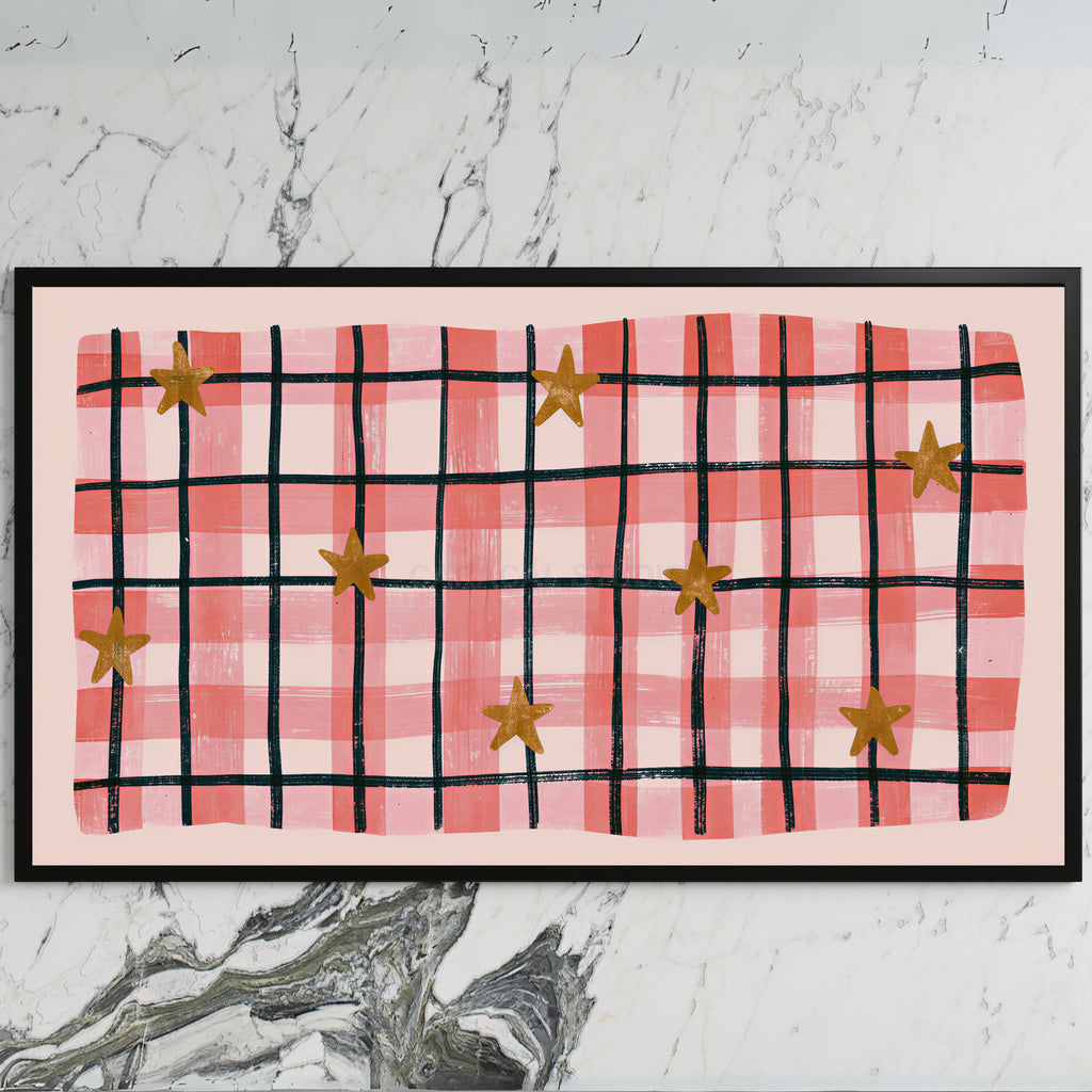 Gingham plaid with stars art on a black TV on a white marble wall