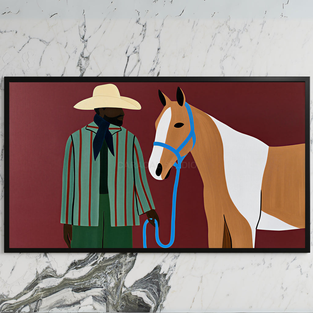 Cowboy with a horse art on a black TV on a white marble wall