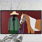 Cowboy with a horse art on a black TV on a white marble wall
